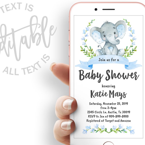 Evite Floral Boy Elephant Baby Shower Evite Etsy