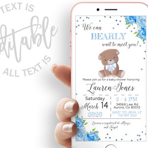 Blue Bear Baby Shower Evite We Can Bearly Wait Baby Shower Electronic Invitation Teddy Bear Baby Shower Electronic Invite Digital Invite