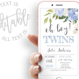 Blue Floral Twins Baby Shower Evite Twins Baby Shower Electronic Invitation Template Boy Twins Baby Shower Electronic Invite Digital Invite