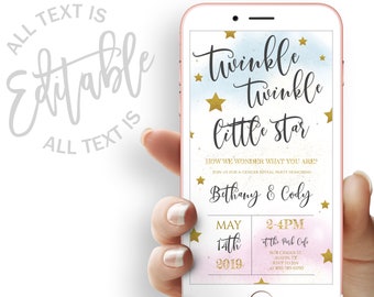 Twinkle Twinkle Little Star Gender Reveal Baby Shower Evite Gender Reveal Baby Shower Electronic Invitation Blue or Pink Digital Invite