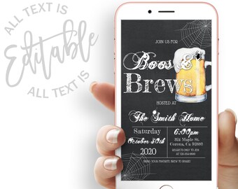 May include: A digital phone screen displaying a Halloween party invitation with a chalkboard background. The invitation reads "Join us for Boos & Brews" with a spider and a glass of beer. The party is hosted at "The Smith Home" on Saturday, October 30th, 2020 at 6:00pm. The address is 324 Maple St., Corona, CA 92880. The invitation requests that guests bring their favorite brew to share.