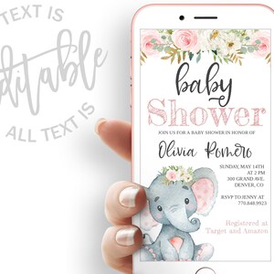 Elephant Baby Shower Evite Baby Girl Baby Shower Electronic Invitation Floral Elephant Baby Shower Electronic Invite Giraffe Digital Invite