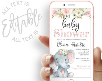 Elephant Baby Shower Evite Baby Girl Baby Shower Electronic Invitation Floral Elephant Baby Shower Electronic Invite Giraffe Digital Invite