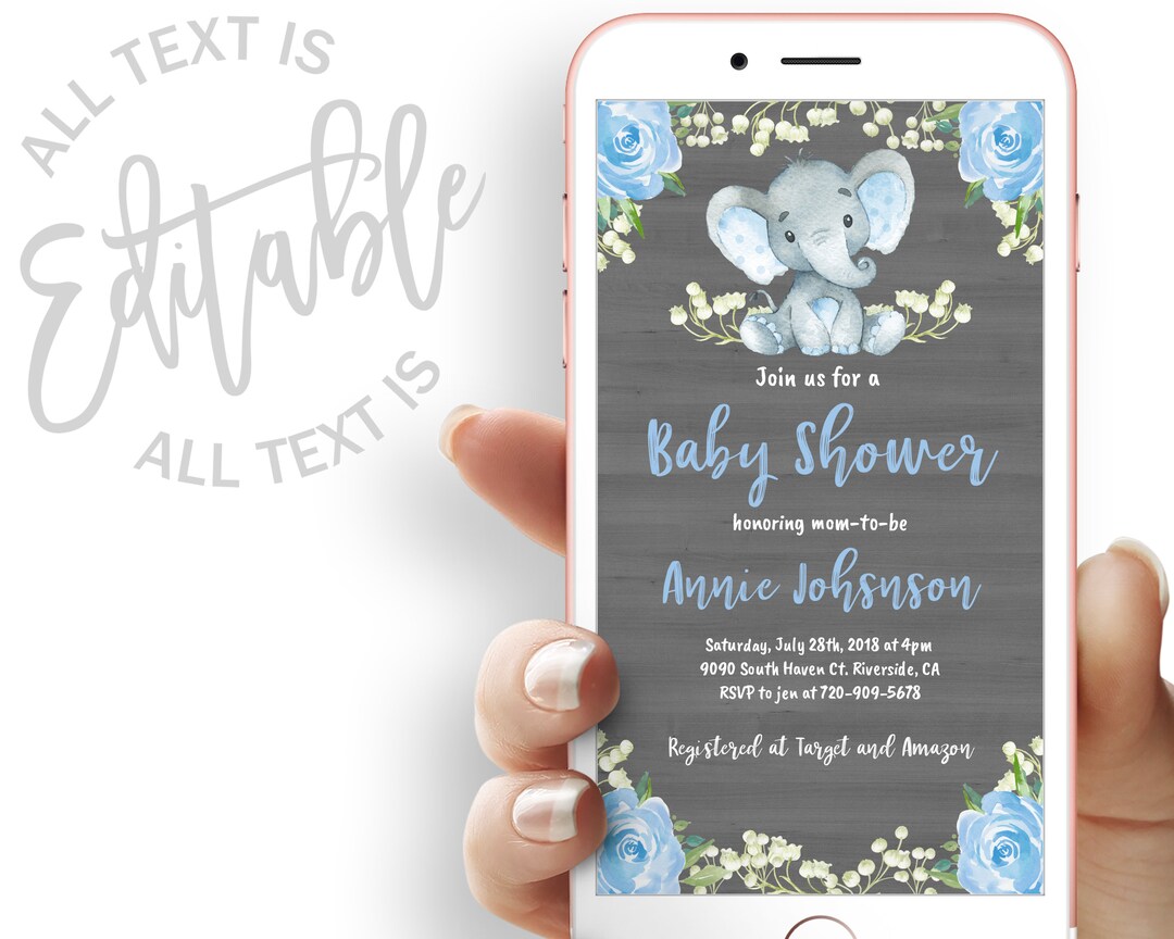 Blue Elephant Baby Shower Evite Floral Baby Shower Electronic Invitation Template Boy Elephant 