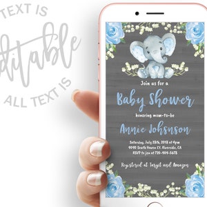 Blue Elephant Baby Shower Evite Floral Baby Shower Electronic Invitation Template Boy Elephant Baby Shower Electronic Invite Digital Invite
