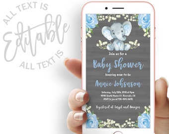 Blue Elephant Baby Shower Evite Floral Baby Shower Electronic Invitation Template Boy Elephant Baby Shower Electronic Invite Digital Invite