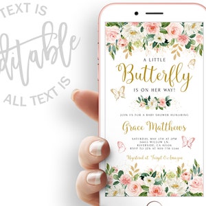 Butterfly Baby Girl Baby Shower Evite Pink Floral Baby Shower Electronic Invitation Pink And Gold Baby Shower Electronic Digital Invitation