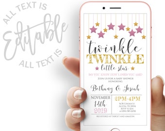 May include: A pink and gold baby shower invitation with a twinkle twinkle little star theme. The invitation features a pink and gold star design with the text "twinkle twinkle little star" and "Do you know how loved you are? Join us for a baby shower honoring Bethany & Josiah. November 14th, 2019, 2PM-4PM. 5678 Cinder St, Austin, TX 30016. RSVP to Jen at 890-789-0090. Registered at Target and Amazon."