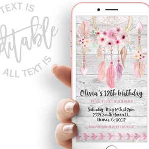 Dreamcatcher Birthday Evite Boho Birthday Evite Modello di invito elettronico di acchiappasogni floreale Invito digitale di compleanno tribale