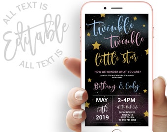 Twinkle Twinkle Little Star Gender Reveal Baby Shower Evite Gender Reveal Baby Shower Electronic Invitation Blue or Pink Digital Invite