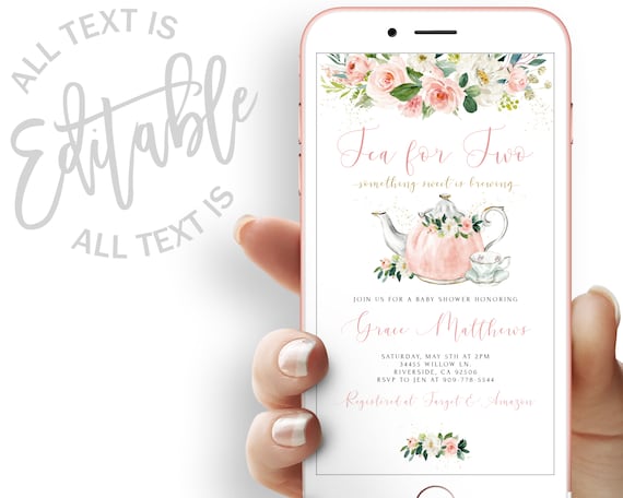 Tea For Two Baby Shower Evite A Baby is Brewing Floral Baby Shower Electronic Invite Something Sweet Is Brewing Baby Shower Digital Invite