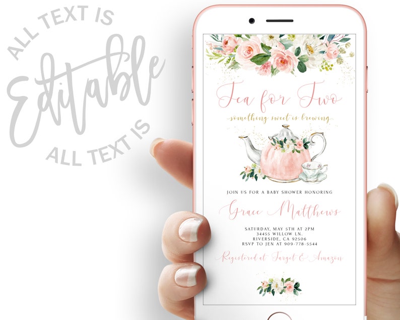 May include: A pink and white teacup and teapot with floral accents on a white background. The text reads "Tea for Two, something sweet is brewing." The invitation is for a baby shower honoring Grace Matthews. The date, time, location, and RSVP information are included. The text also says "Registered at Target & Amazon".