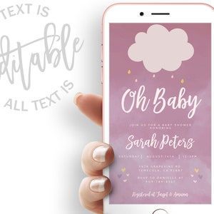 Pink Cloud Baby Shower Evite Sprinkle Baby Shower Electronic Invitation Oh Baby Baby Shower Electronic Invite Pink Sprinkle Digital Invite