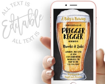 May include: A digital phone screen displaying a baby shower invitation with a watercolor illustration of a beer glass. The text reads "A Baby is Brewing, Join us for a co-ed Pregger Kegger, in honor of Brooke & Luke, Saturday, July 12th at 2pm, 2289 Stanford Rd, Nashville, TN, RSVP to Jen, 720-234-7890, Registered at Target and Amazon."