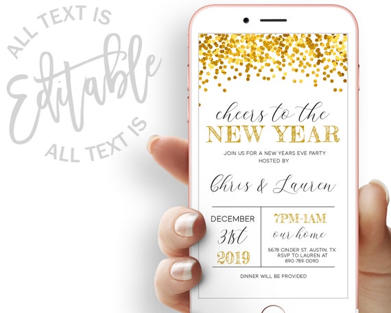 Cheers To A New Year Party Evite Gold New Years Electronic Invitation New Years Eve Party Electronic Invite Glitter New Years Digital Invite
