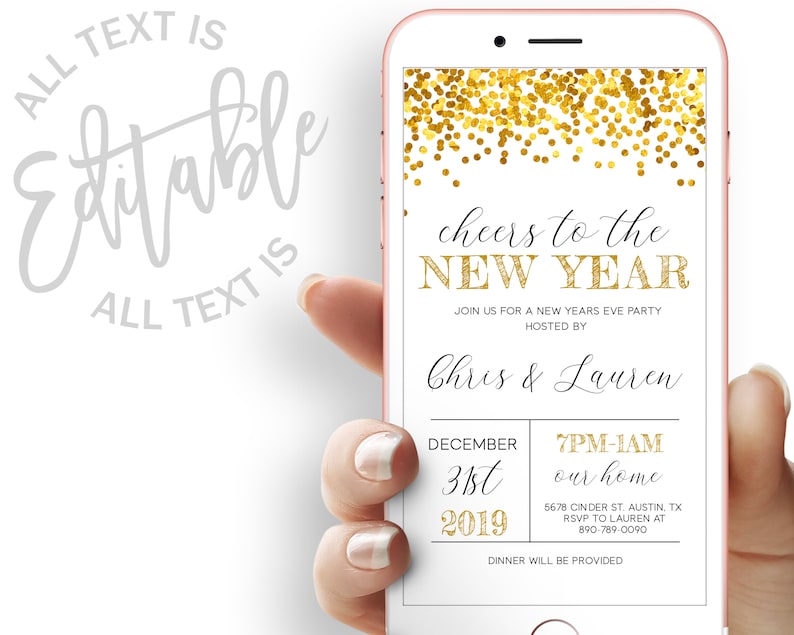 Cheers To A New Year Party Evite Gold New Years Electronic Invitation New Years Eve Party Electronic Invite Glitter New Years Digital Invite image 1