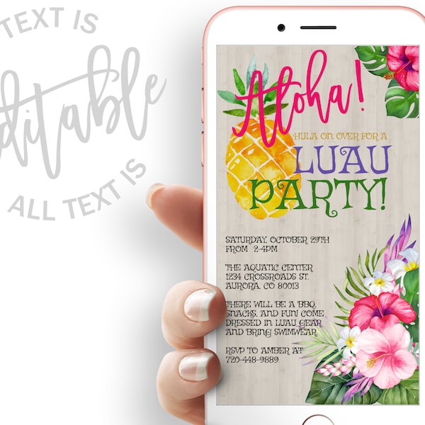 Tropical Luau Party Evite Luau Party Electronic Invitation Template Hawaiian Luau Electronic Invite Beach Luau Digital Invite