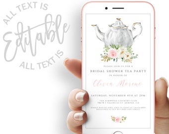 Tea Party Bridal Shower Evite Teapot Bridal Shower Electronic Invitation Template Pink Floral Bridal Shower Electronic Invite