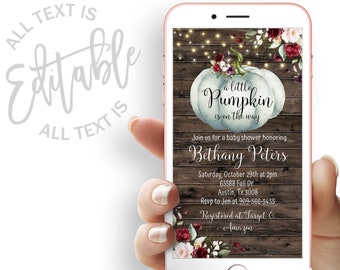 Rustic Pumpkin Baby Shower Evite Little Pumpkin Baby Shower Electronic Invitation Floral Fall Baby Shower Electronic Invite Digital Invite
