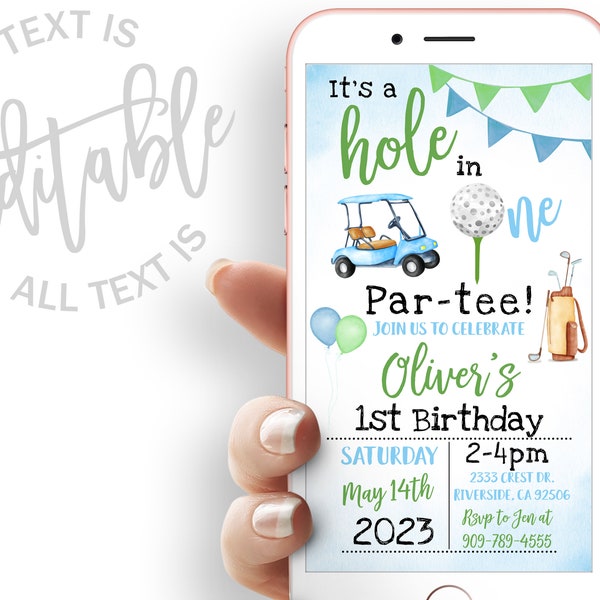 Editable Hole in One Birthday Invitation Golf First Birthday Par-tee Golf Invite Boy Golfing Birthday Evite Digital Golf Party Invitation