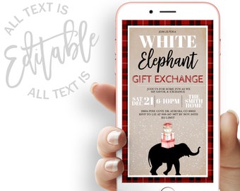 Puede incluir: Una invitación digital para una fiesta de intercambio de regalos de Elefante Blanco. La invitación presenta un fondo de cuadros rojos y negros con una silueta de elefante blanco que lleva regalos envueltos. El texto dice "Join us for a White Elephant Gift Exchange. Sat Dec 21 6:10pm The Smith Home. 28834 Pine Cove Dr. Aurora, CO 80013. RSVP to Liz at 909-567-9877 by Nov. 30th. $15 Limit."