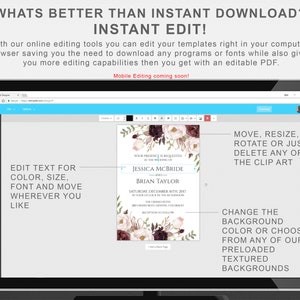 May include: A computer screen showing a wedding invitation template with a floral design. The text on the invitation reads "Your presence is requested at the wedding of Jessica McBride and Brian Taylor". The screen also shows editing tools for customizing the invitation.