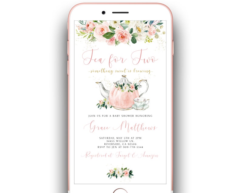 May include: A pink and white floral tea party invitation for a baby shower. The invitation features a teapot with a pink lid and a cup and saucer. The text on the invitation reads "Tea for Two, something sweet is brewing." The invitation also includes the name "Grace Matthews" and the date and time of the baby shower.