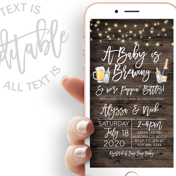 Poppin' Bottles Baby Shower Evite A Baby Is Brewing Baby Shower Electronic Invitation Template Co-Ed Rustic Baby Shower Electronic Invite