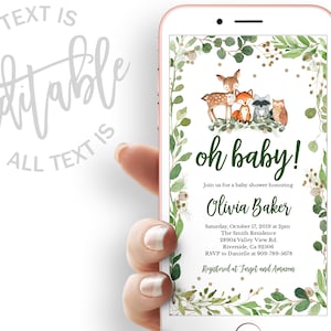 Woodland Baby Shower Evite Greenery Baby Shower Electronic Invitation Template Woodland Animals Baby Shower Electronic Invite Digital Invite