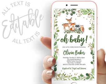 Woodland Baby Shower Evite Greenery Baby Shower Electronic Invitation Template Woodland Animals Baby Shower Electronic Invite Digital Invite