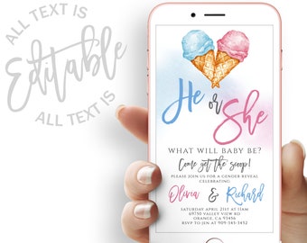Ice Cream Gender Reveal Party Evite Pink Or Blue Gender Reveal Party Electronic Invitation Get The Scoop Gender Reveal Digital Invite