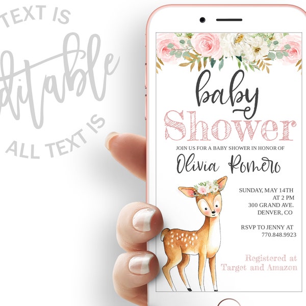 Deer Baby Shower Evite Pink Floral Baby Shower Elektronische Einladung Pink Floral Baby Shower Electronic Invite Baby Deer Digital Invite