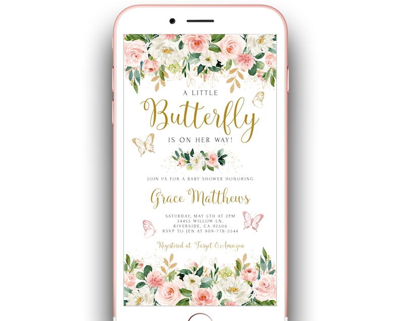 Butterfly Baby Girl Baby Shower Evite Pink Floral Baby Shower Etsy