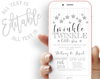May include: A white and silver baby shower invitation with a phone screen displaying a silver star design and the text "twinkle twinkle little star". The invitation includes the text "Do you know how loved you are? Join us for a baby shower honoring Bethany & Josiah. November 14th, 2019, 2PM-4PM, 5678 Cinder St, Austin, TX 30016. RSVP to Jen at 890-789-0090. Registered at Target and Amazon."