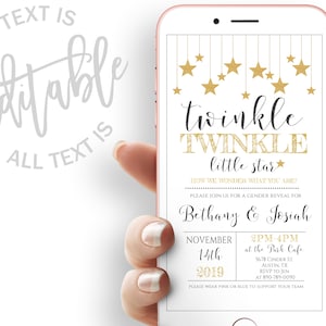 Twinkle Twinkle Little Star Gender Reveal Party Evite Gender Reveal Party Elektronische uitnodiging Gouden sterren Gender Reveal Digitale Uitnodiging