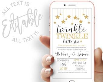 May include: A smartphone displays a gender reveal invitation. The design features gold stars and the text "twinkle twinkle little star." The invitation includes the names Bethany & Josiah, date, time, and location.