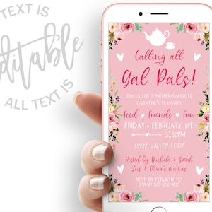 Galentines Party Evite Pink Floral Valentines Day Electronic Invite Tea Party Digital Invite Galentines Tea Party Mother Daughter Tea Party