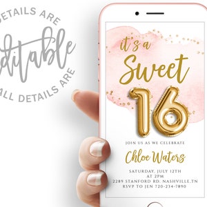 Sweet 16 Birthday Party Evite Pink And Gold Party Electronic Invitation Template Sweet Sixteen Digital Invite Balloon Birthday Party Evite