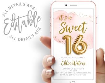 May include: A pink and gold digital invitation for a 16th birthday party. The invitation features a watercolour background with gold glitter and the text "it's a Sweet 16". The invitation also includes the name "Chloe Waters", the date and time of the party, and the address and RSVP information.