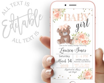 Pink Bear Baby Shower Evite Pink Floral Baby Shower Electronic Invitation Teddy Bear Baby Shower Electronic Invite Digital Invite