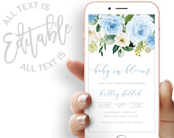 Baby In Bloom Baby Shower Evite Blau Floral Baby Shower Elektronische Einladung Baby Shower Elektronische Einladung Grün Frühling Digital Invite