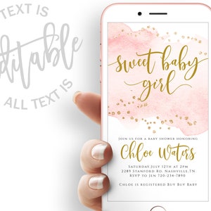 Pink Watercolor Baby Shower Evite Pink And Gold Shower Electronic Invitation Template Sweet Baby Girl Digital Invite Gold Glitter Evite