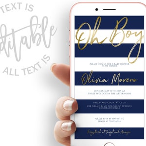 Blue Oh Boy Baby Shower Evite Blue Stripes Baby Shower Electronic Invitation Oh Boy Baby Shower Electronic Invite Navy Oh Boy Digital Invite