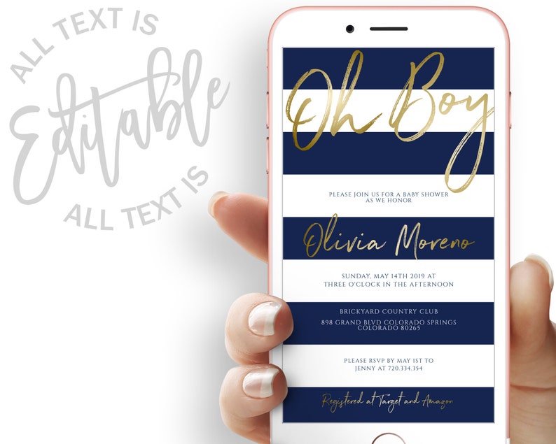 K&ouml;nnte beinhalten: Eine blau-wei&szlig; gestreifte Babyparty-Einladung mit goldener Schrift. Die Einladung lautet "Oh Boy!" und enth&auml;lt den Namen Olivia Moreno, Datum und Uhrzeit der Party, den Ort und RSVP-Informationen. Die Einladung lautet auch "Registered at Target and Amazon".