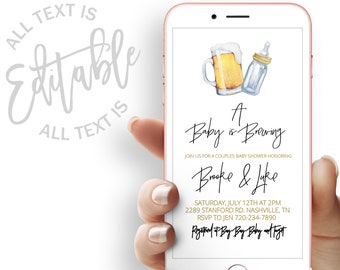 May include: A digital phone screen displaying a baby shower invitation with a beer bottle and a baby bottle graphic. The invitation reads "A Baby is Brewing" and includes the names "Brooke & Luke", the date and time of the shower, the address, and the RSVP information.