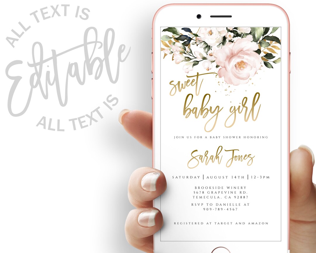 Sweet Baby Girl Baby Shower Evite Pink Floral Baby Shower Electronic