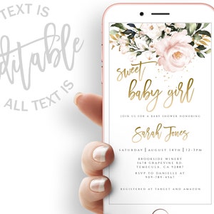 Sweet Baby Girl Baby Shower Evite Pink Floral Baby Shower Electronic Invitation Pink And Gold Baby Shower Electronic Digital Invitation