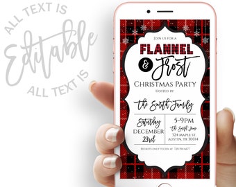 May include: A red and black plaid phone screen with a white border and text that reads "Join us for a Flannel & Frost Christmas Party Hosted by The Smith Family Saturday December 23rd 5-9PM The Smith Home 324 Maple St. Austin, TX 30014 Regrets only to Jen at 720-354-6677".