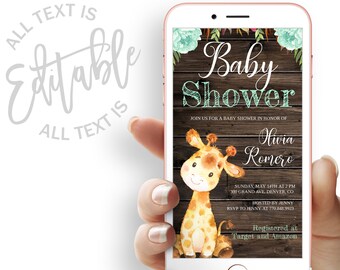 Giraffe Baby Shower Evite Green Floral Baby Shower Electronic Invitation Template Boy Giraffe Baby Shower Electronic Invite Digital Invite