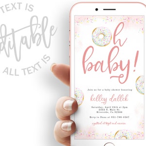 Oh Baby Donut Baby Shower Evite Sprinkles Oh Baby Baby Shower Electronic Invitation Pink Donut Electronic Invite Baby Girl Digital Invite
